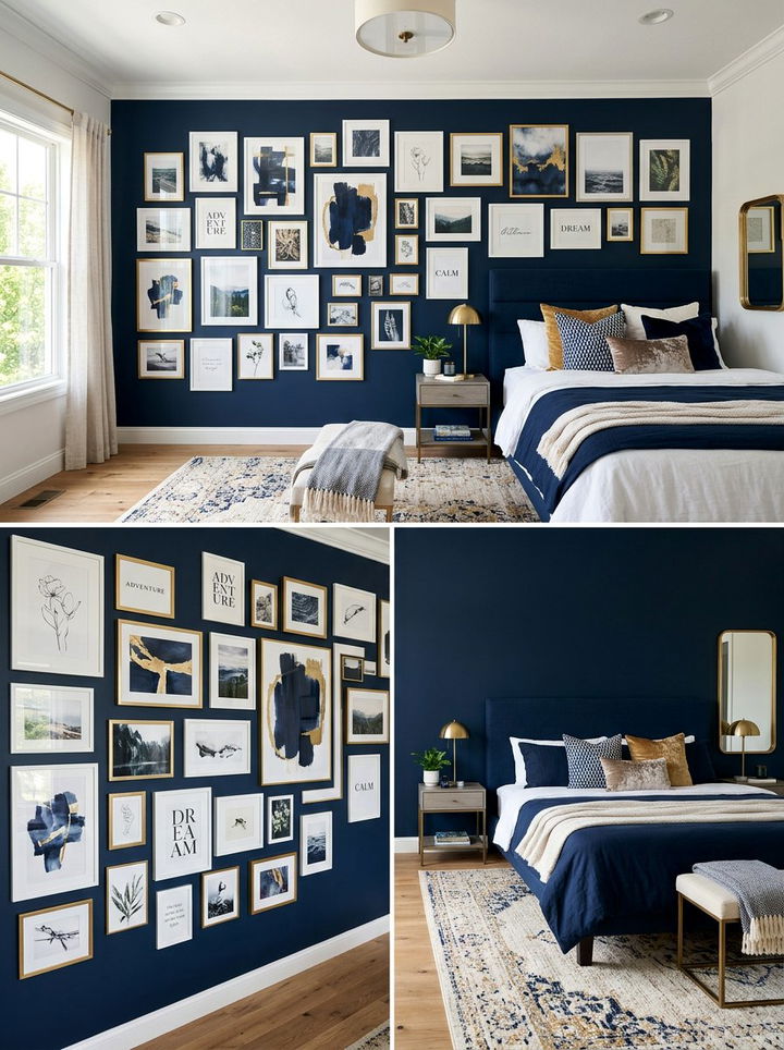 Navy Blue Bedroom Gallery Wall - 30 dark navy bedroom ideas