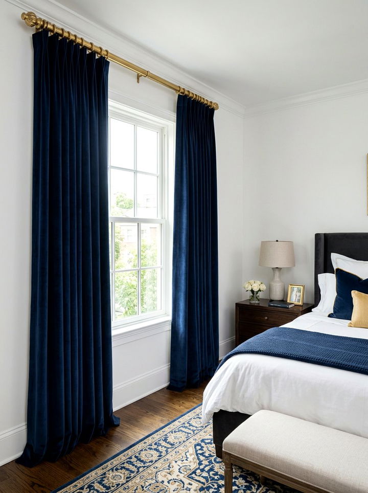Navy Blue Curtains In Bedroom With Gold Rods - 30 navy and gold bedroom ideas