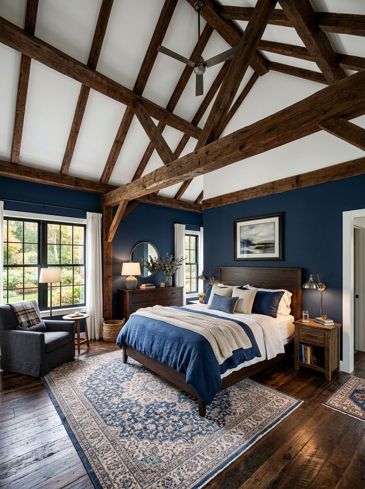 Navy Blue Exposed Beam Bedroom - 30 bedroom navy walls