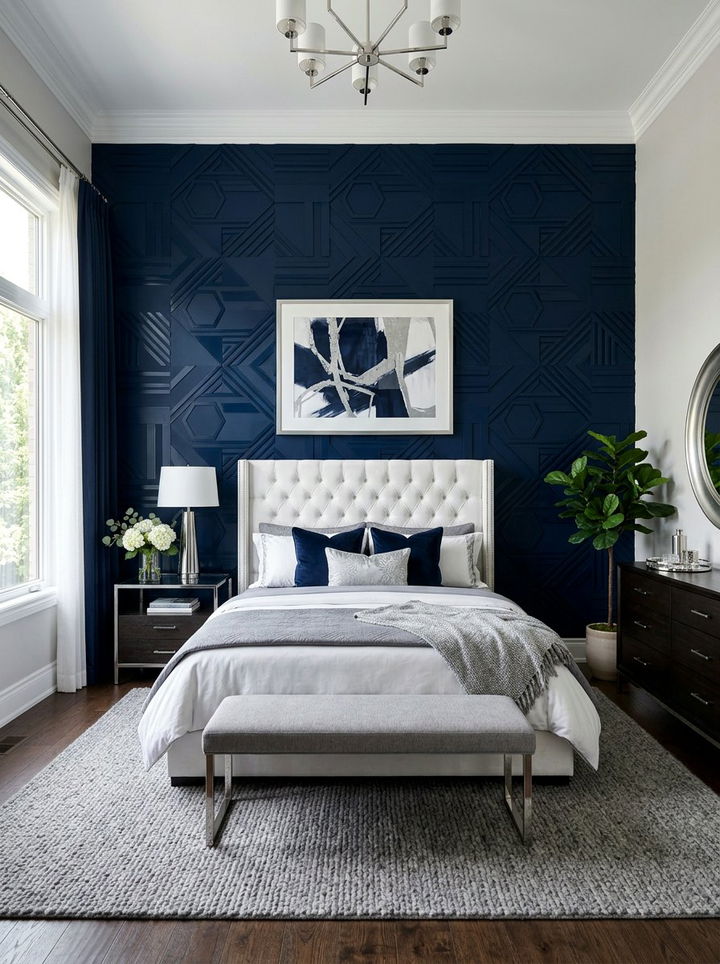 Navy Blue Geometric Wall - 30 bedroom geometric wall designs