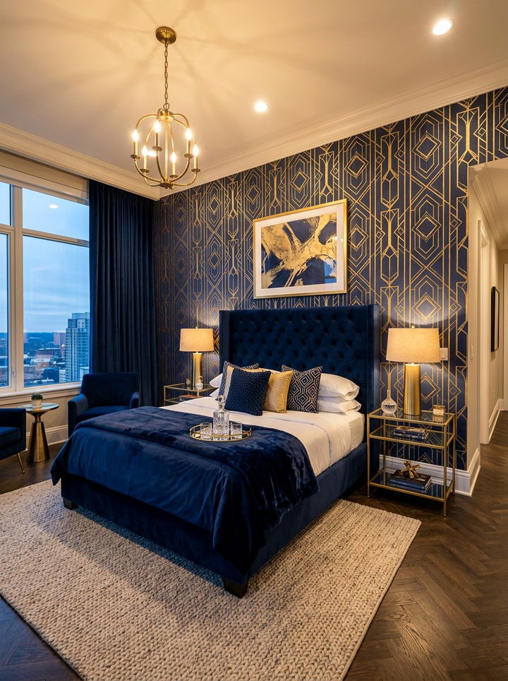 Navy Blue Gold Geometric Wallpaper - 30 bedroom geometric wallpapers