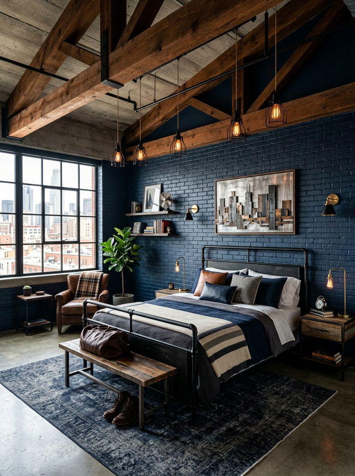 Navy Blue Industrial Bedroom - 30 modern navy bedroom ideas