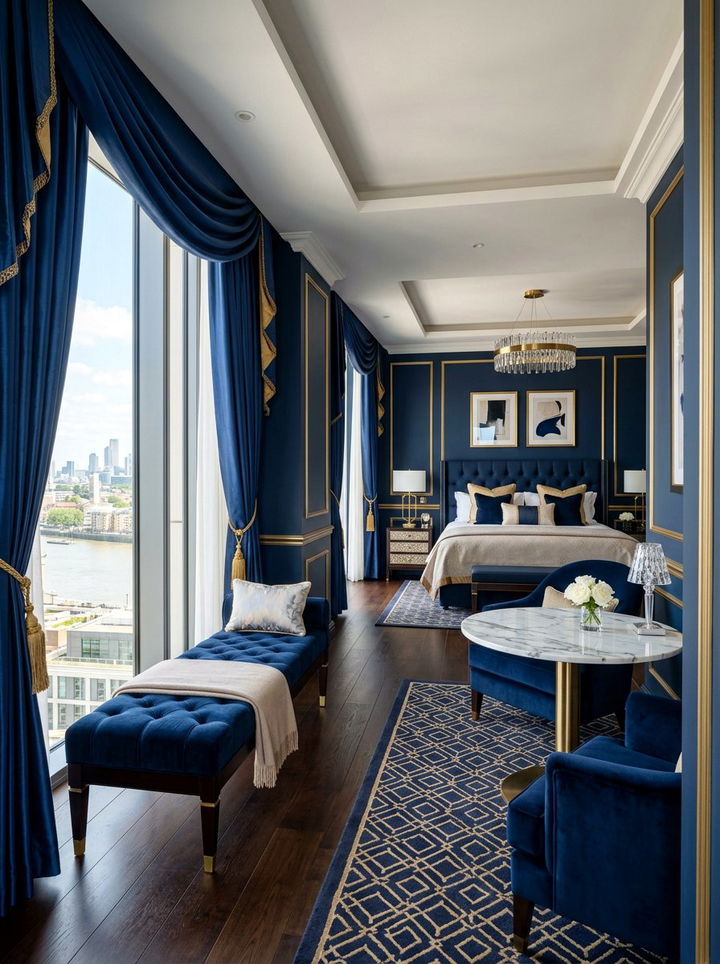 Navy Blue Luxury Suite - 30 bedroom navy walls