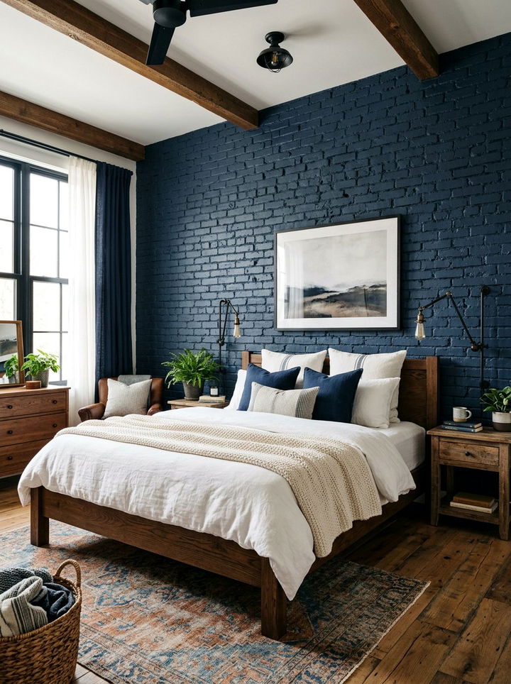 Navy Blue Painted Brick - 30 industrial navy bedroom ideas