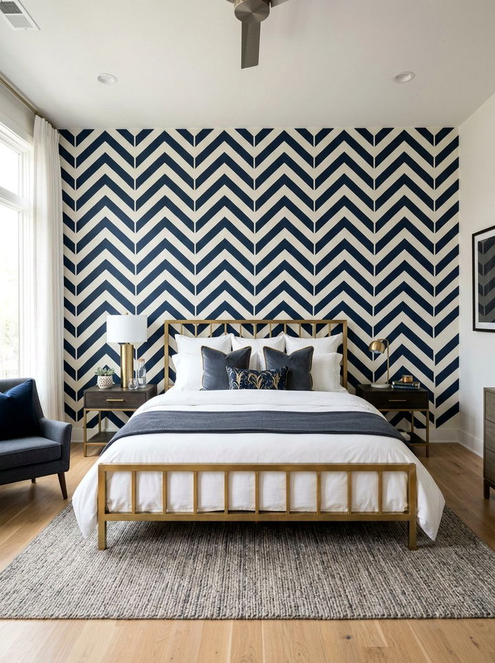 Navy Blue Painted Chevron Wall - 30 bedroom chevron wall ideas