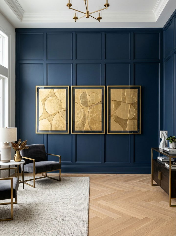 Navy Blue Paneling With Gold Wall Art - 30 navy and gold bedroom ideas