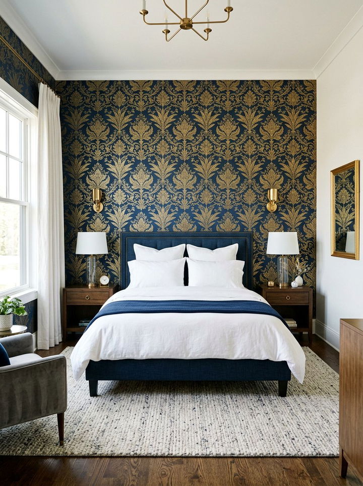 Navy Blue Patterned Wallpaper - 30 navy bedroom ideas