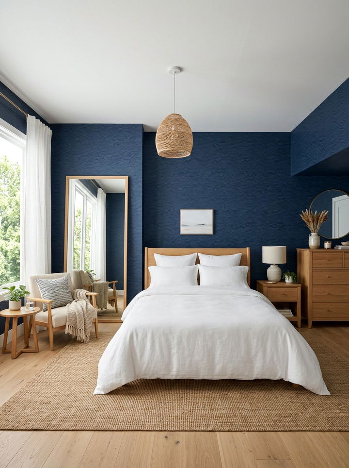 Navy Blue Patterned Wallpaper - 30 coastal blue bedroom ideas