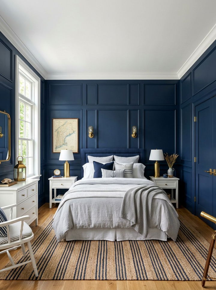 Navy Blue Raised Panel Wall - 30 bedroom wainscoting ideas
