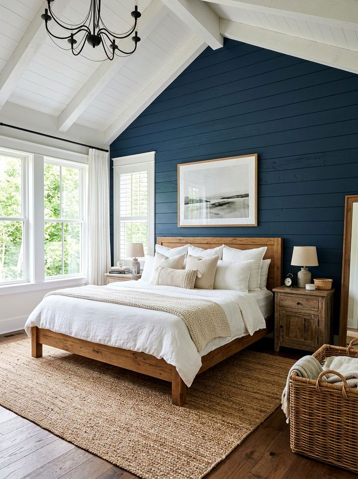 Navy Blue Shiplap Wall - 30 rustic blue bedroom ideas
