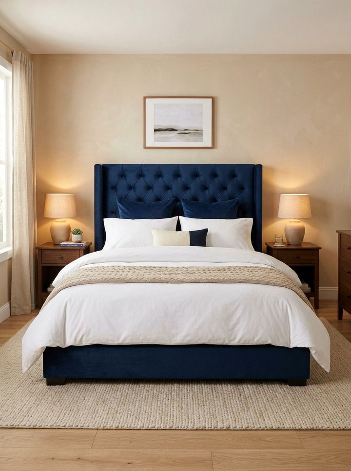 Navy Blue Upholstered Bed - 30 blue bedroom ideas