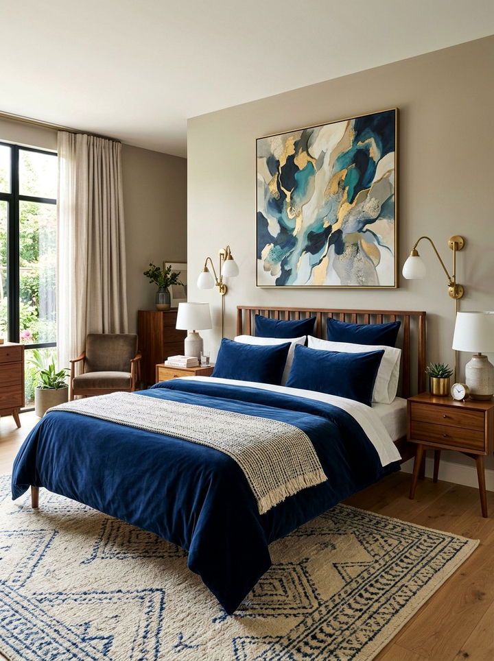 Navy Blue Velvet Bedding - 30 mid-century glam bedroom ideas