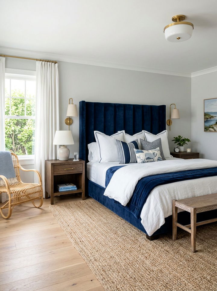 Navy Blue Velvet Headboard - 30 coastal navy bedroom ideas