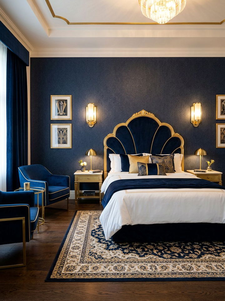 Navy Blue Velvet Headboard With Gold Trim - 30 navy and gold bedroom ideas