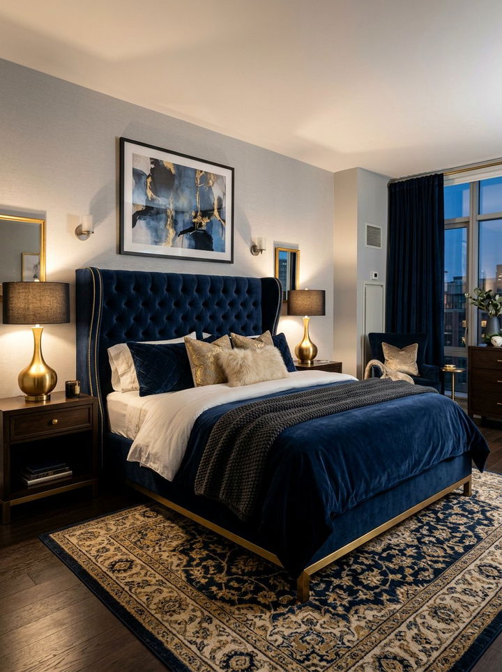 Navy Blue Velvet Wingback Bed - 30 bedroom wingback headboards