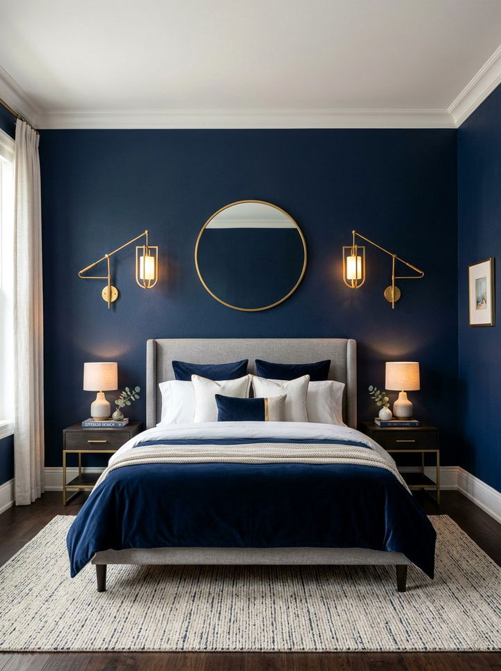 Navy Blue Wall Paint With Gold Sconces - 30 navy and gold bedroom ideas