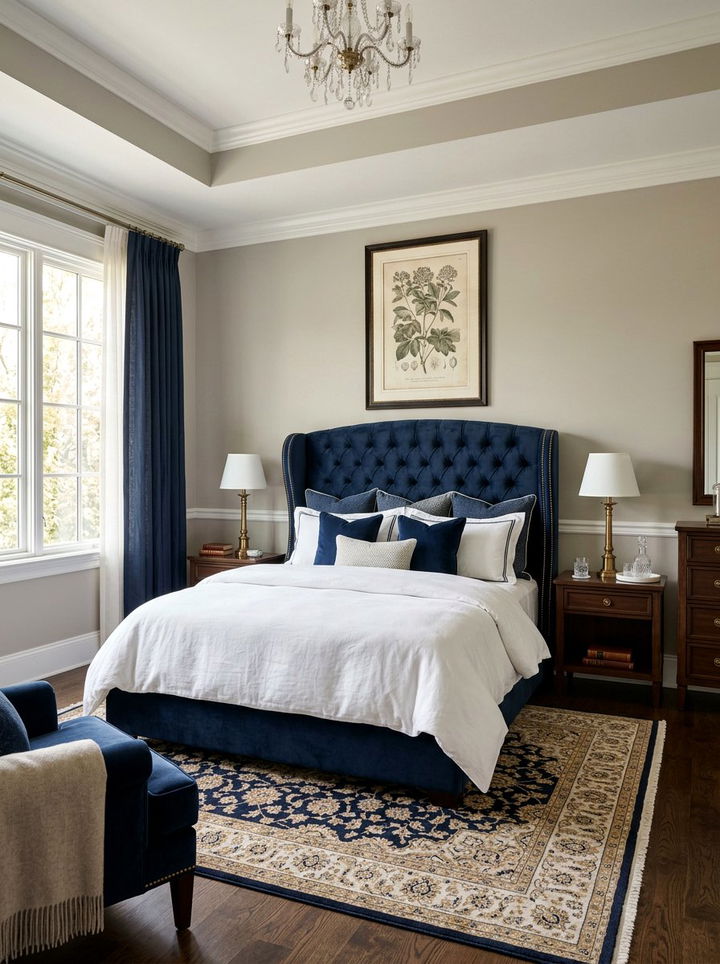 Navy Blue Wingback Tufted Headboard - 30 bedroom tufted headboards