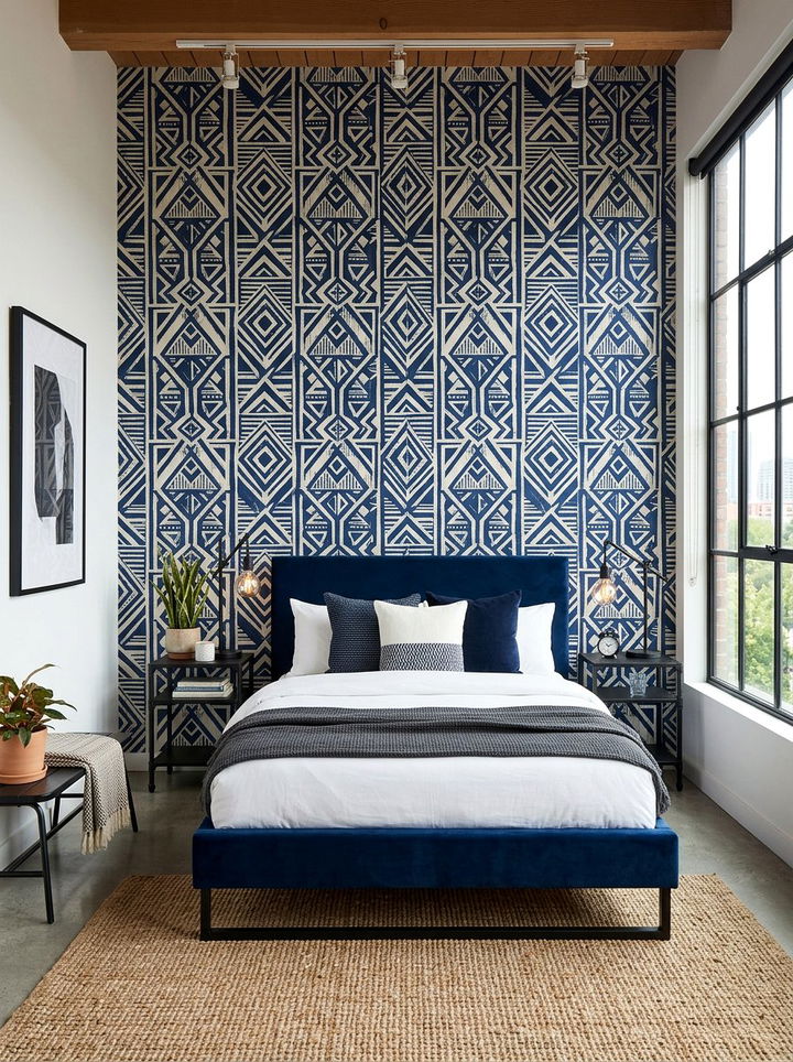 Navy Geometric Pattern Wallpaper - 30 industrial navy bedroom ideas