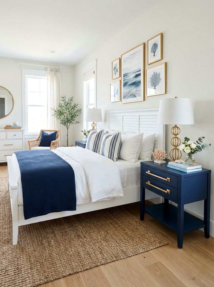 Navy Gold Coastal Nightstand - 30 coastal navy bedroom ideas