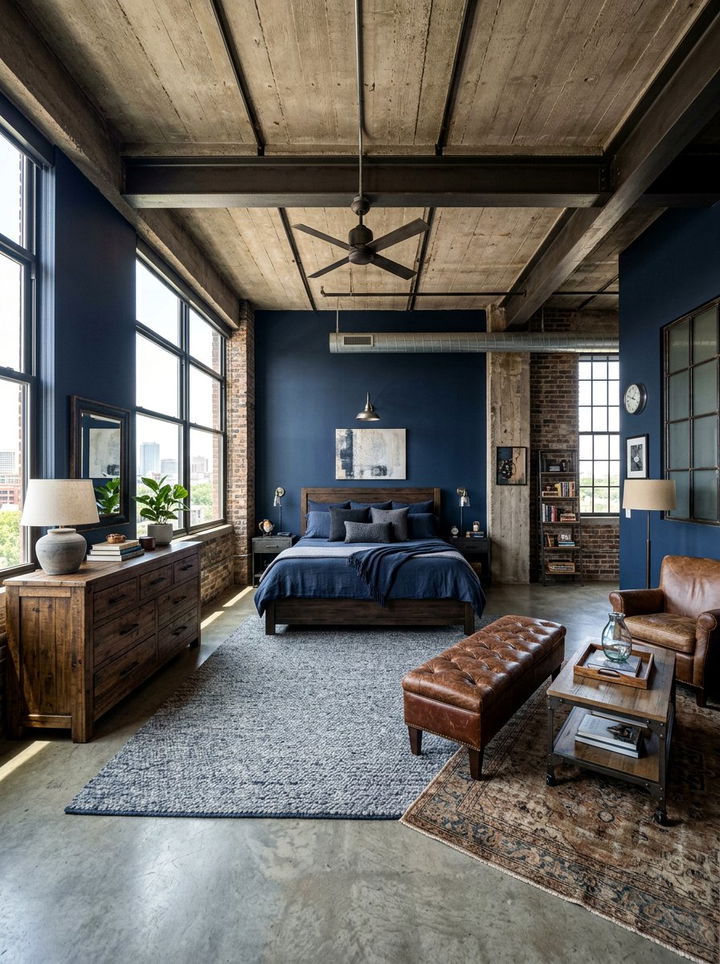 Navy Industrial Master Suite - 30 industrial navy bedroom ideas