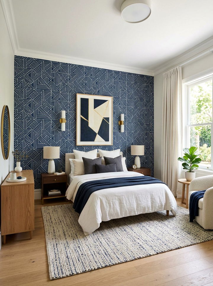 Navy Patterned Wallpaper Bedroom - 30 navy bedroom design ideas
