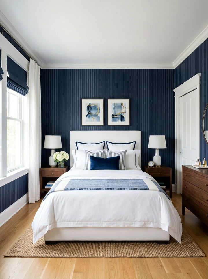 Navy Pinstripe Wallpaper Bedroom - 30 coastal navy bedroom ideas