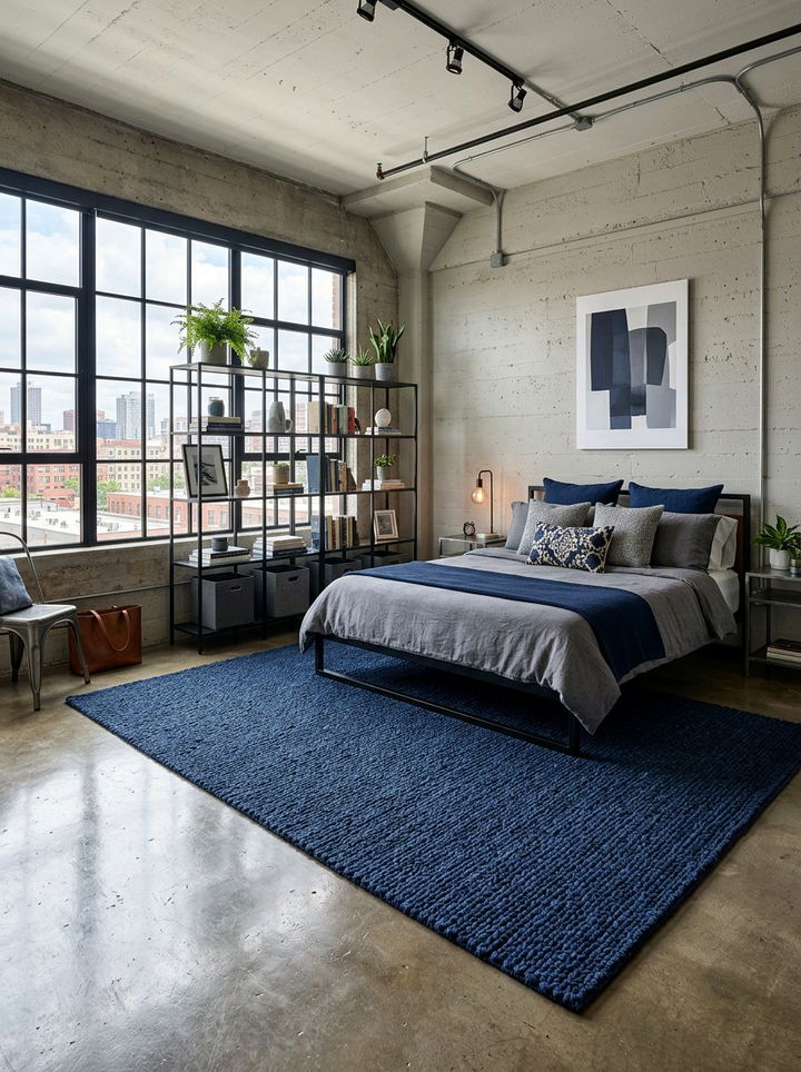 Navy Rug Concrete Floor - 30 industrial navy bedroom ideas