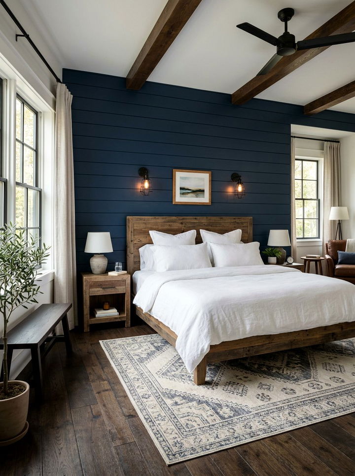 Navy Shiplap Wall - 30 rustic navy bedroom ideas