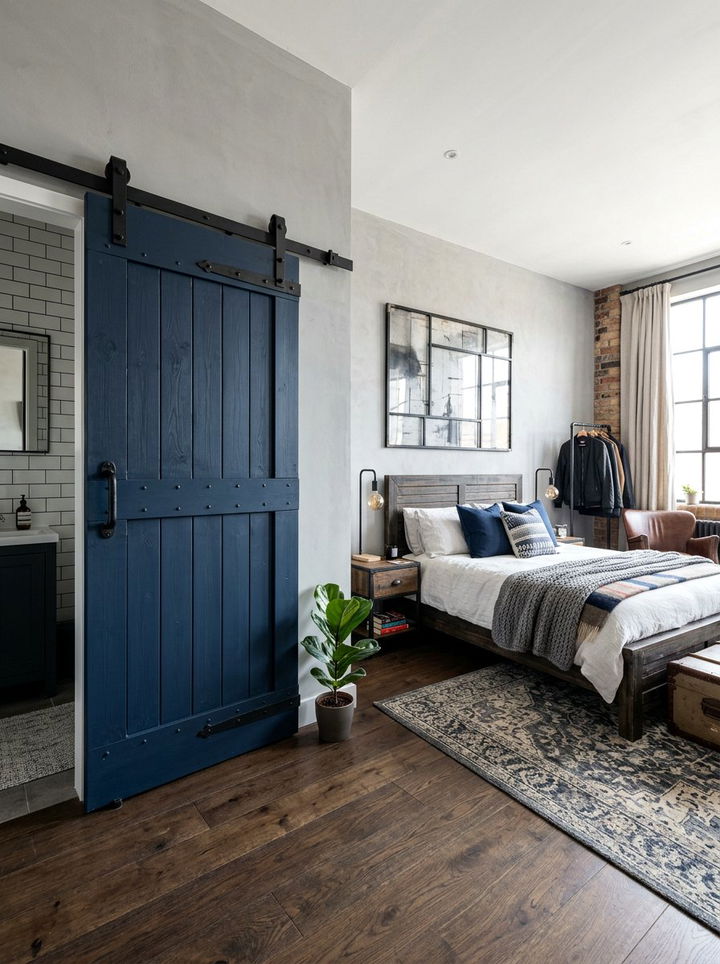 Navy Sliding Barn Door - 30 industrial navy bedroom ideas