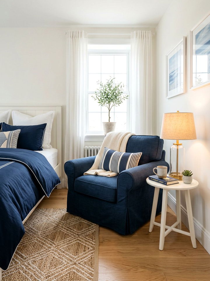 Navy Slipcovered Chair Bedroom - 30 coastal navy bedroom ideas