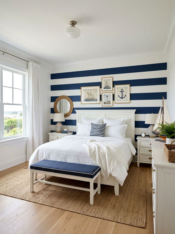 Navy Striped Wall Bedroom - 30 navy bedroom design ideas