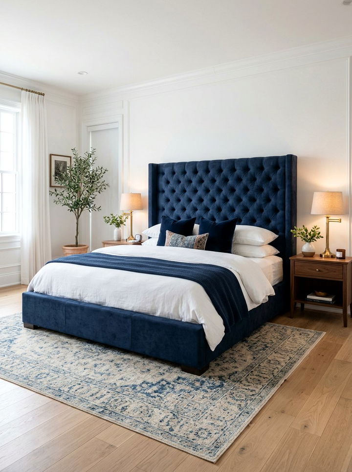 Navy Suede Upholstered Bed - 30 suede bedroom ideas