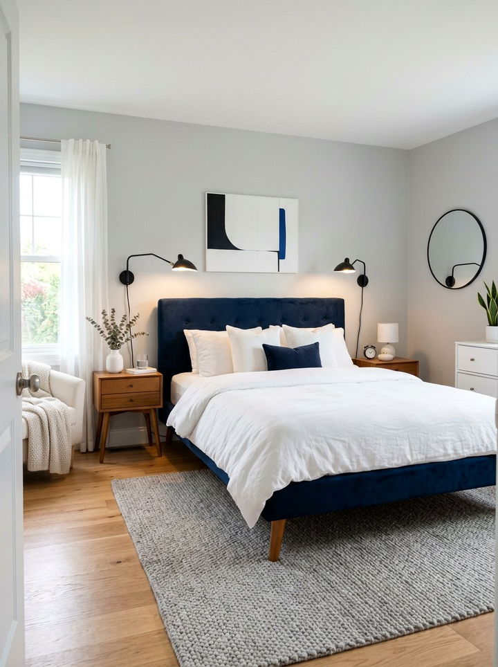 Navy Upholstered Bed Light Gray Walls - 30 scandinavian navy bedroom ideas