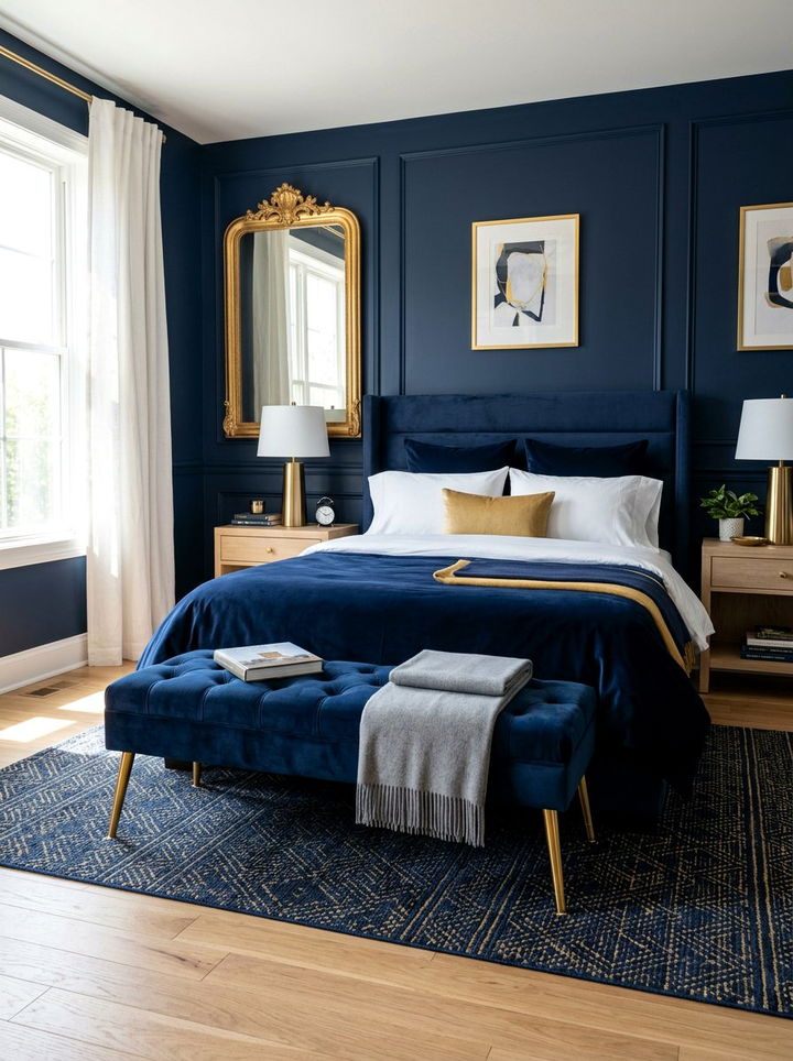 Navy Upholstered Bench - 30 navy gold bedroom ideas