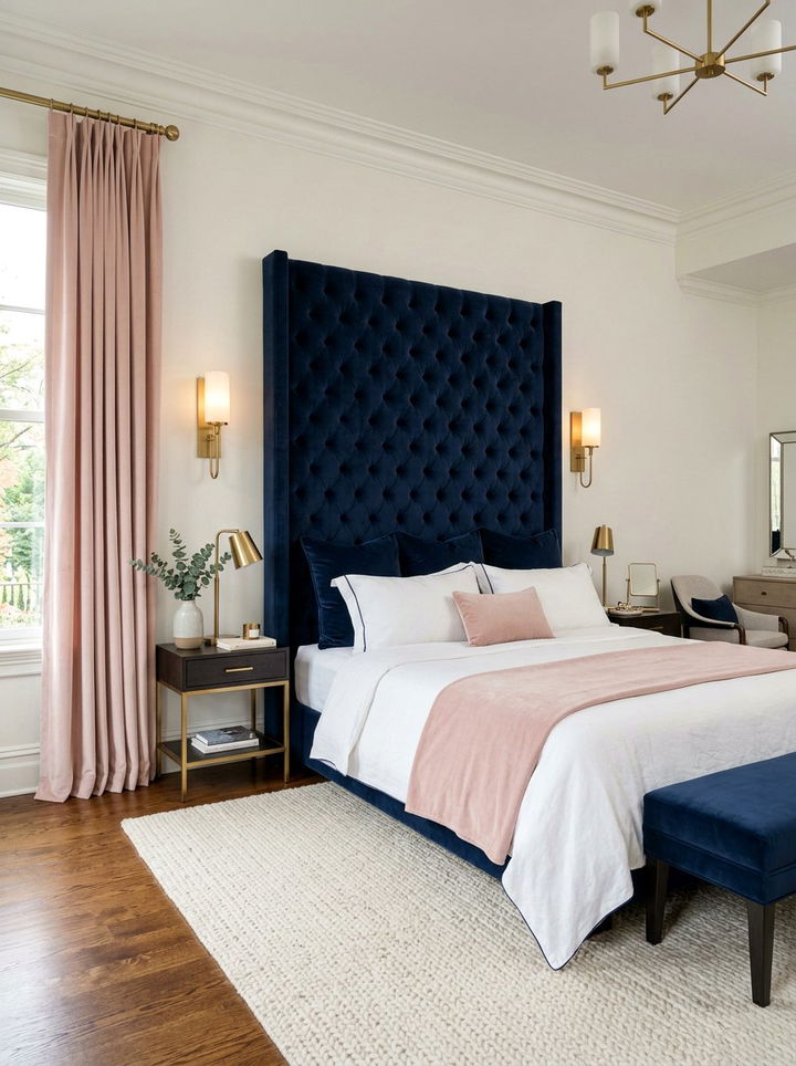 Navy Velvet Headboard - 30 navy and blush bedroom ideas