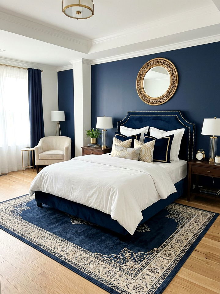 Navy Velvet Headboard - 30 navy gold bedroom ideas