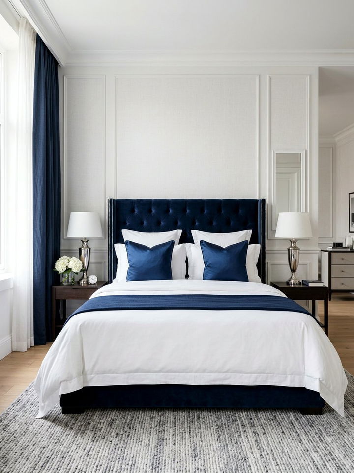 Navy Velvet Headboard - 30 navy and white bedroom ideas
