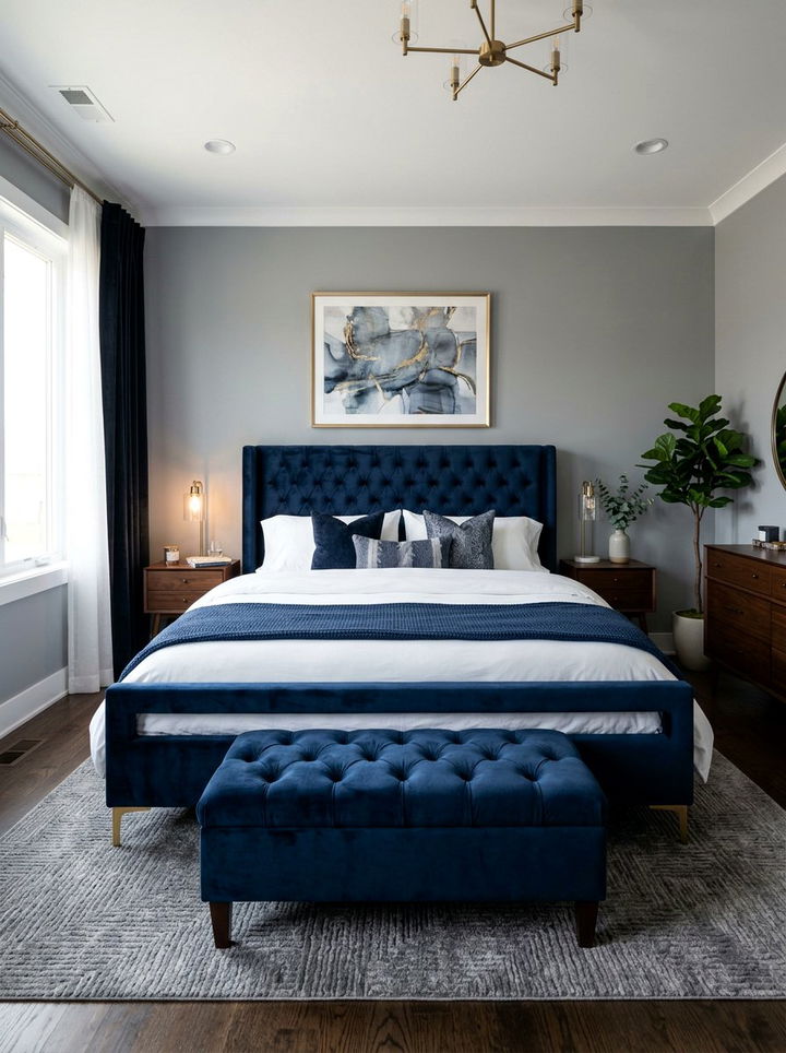 Navy Velvet Upholstered Bed - 30 contemporary navy bedroom ideas