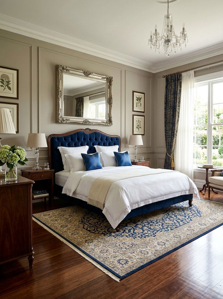 Navy Velvet Upholstered Headboard - 30 sapphire bedroom ideas