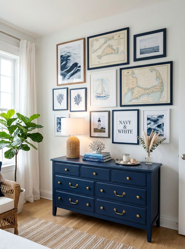 Navy White Coastal Gallery Wall - 30 coastal navy bedroom ideas