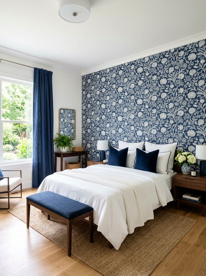 Navy White Floral Pattern - 30 navy and white bedroom ideas