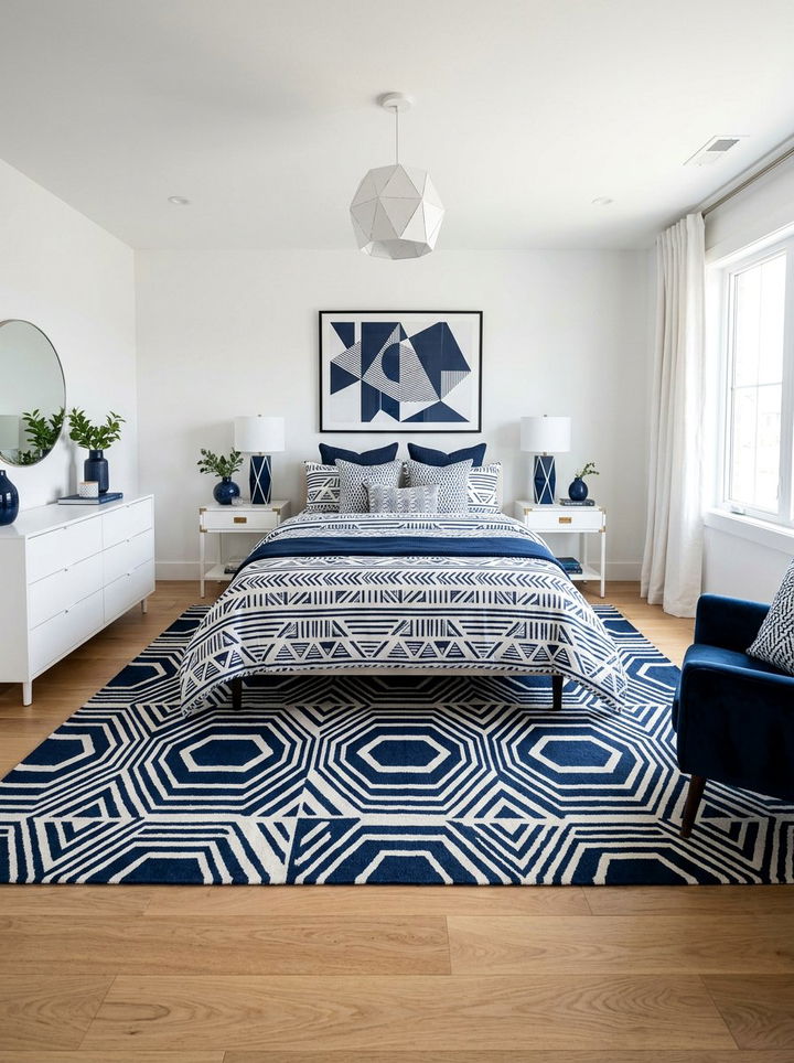 Navy White Geometric Pattern - 30 navy and white bedroom ideas