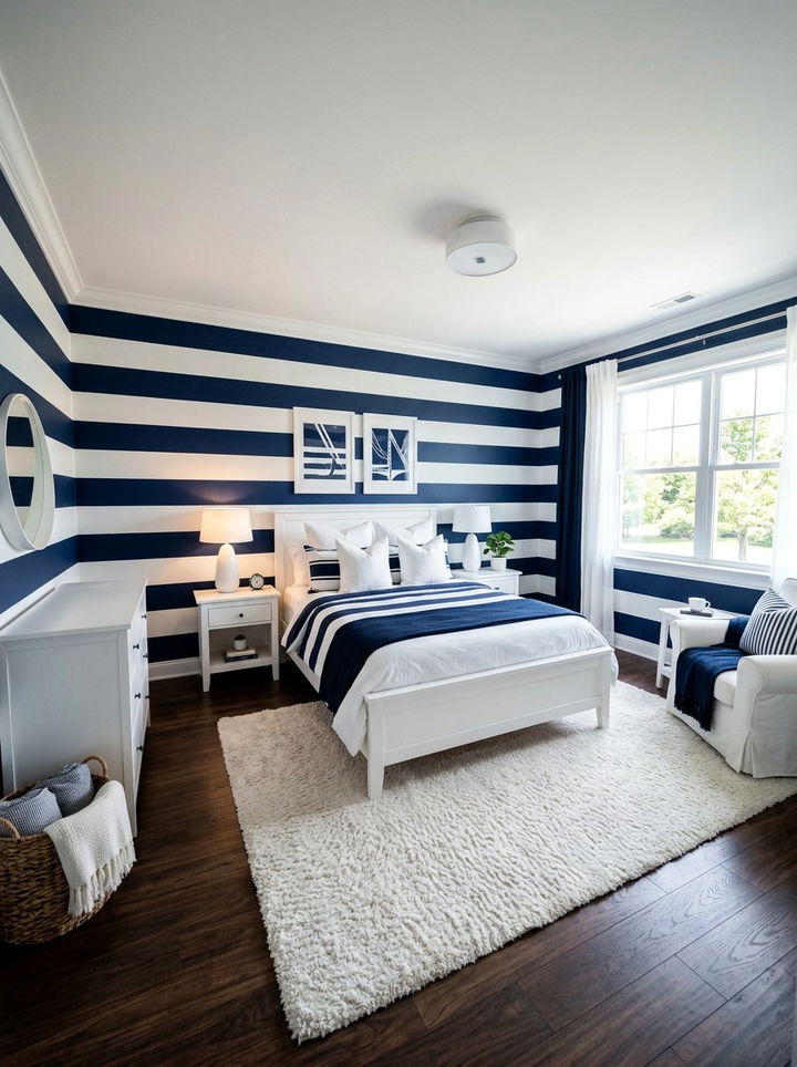 Navy White Striped Walls - 30 navy and white bedroom ideas