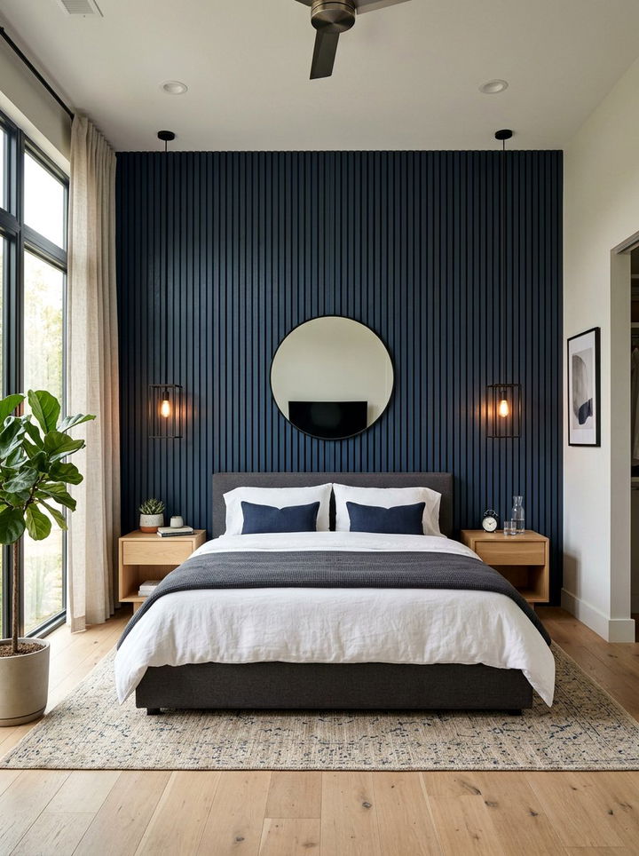 Navy Wood Panel Accent Wall Bedroom - 30 navy bedroom design ideas