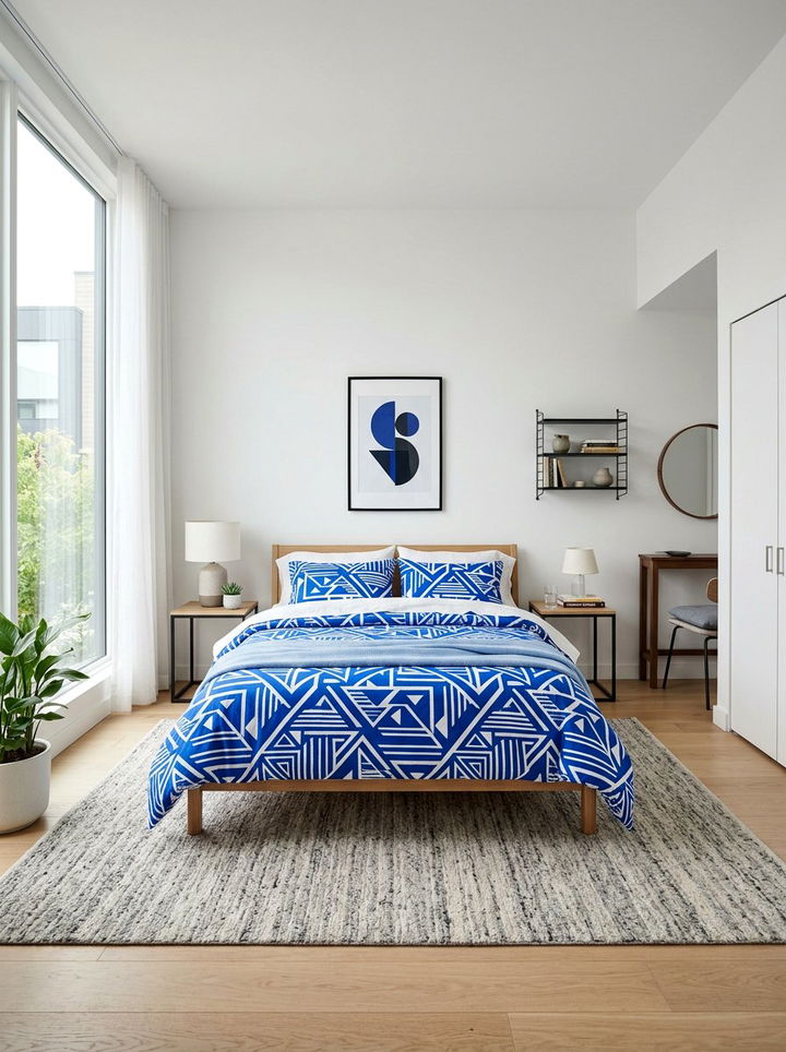 Navy and White Geometric Bedding - 30 cobalt and white bedroom ideas