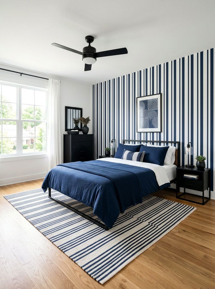 Navy and White Striped Bedroom - 30 blue bedroom ideas