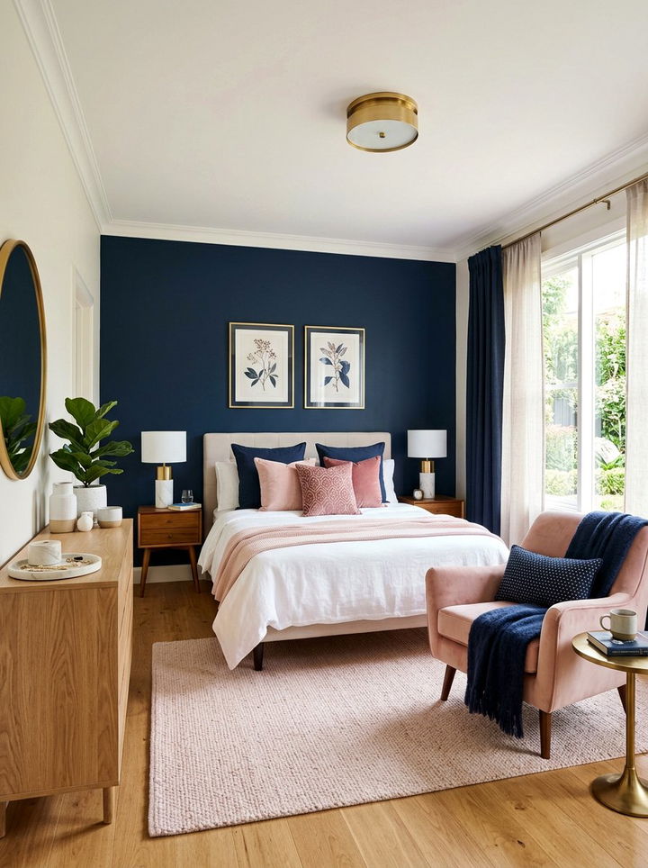 Navy and blush pink bedroom - 30 navy bedroom decor ideas