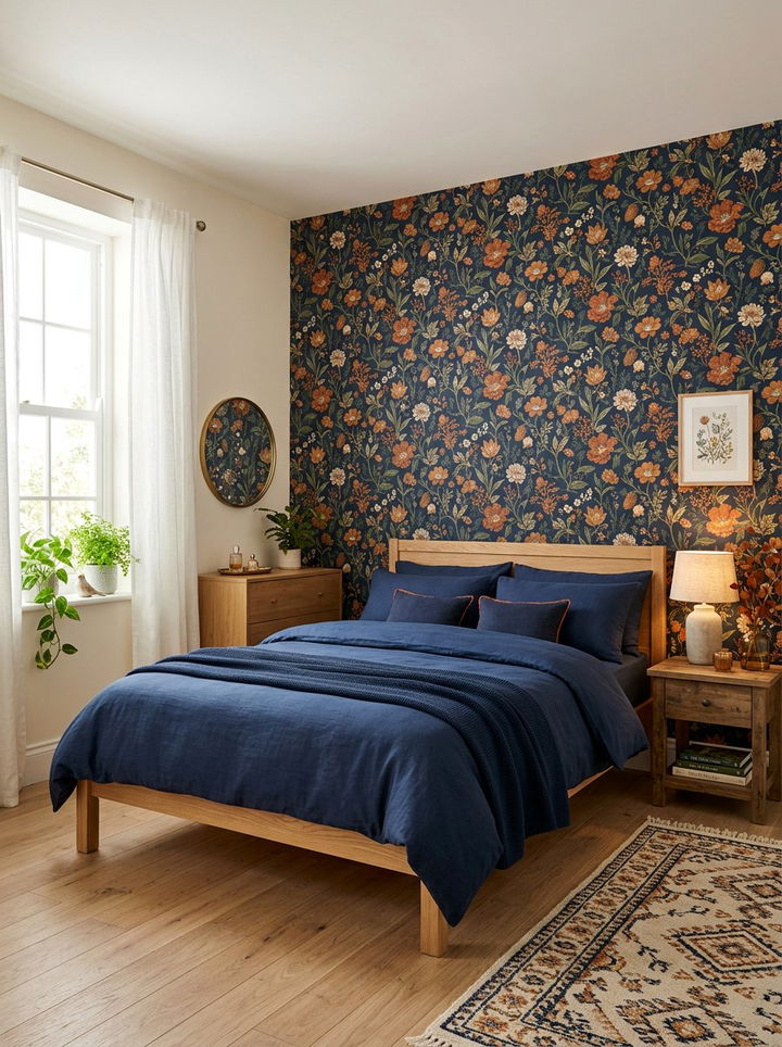 Navy and burnt orange floral wallpaper - 30 burnt orange and navy bedroom ideas