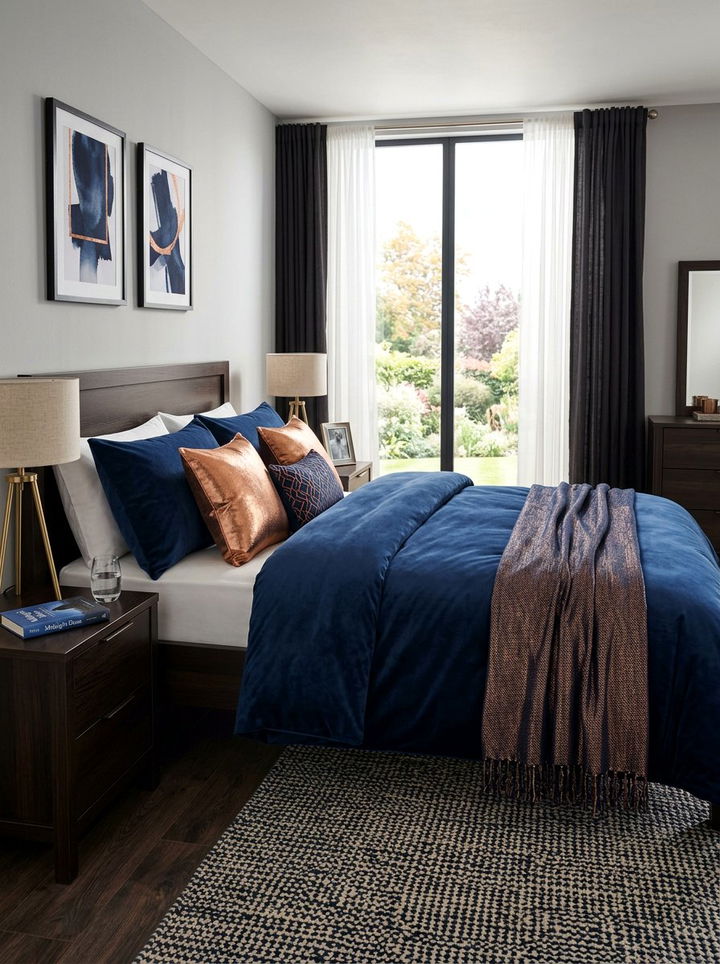 Navy and copper bedding - 30 copper accent bedroom ideas