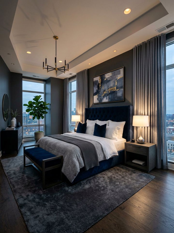 Navy and dark gray master bedroom - 30 blue and gray bedroom ideas